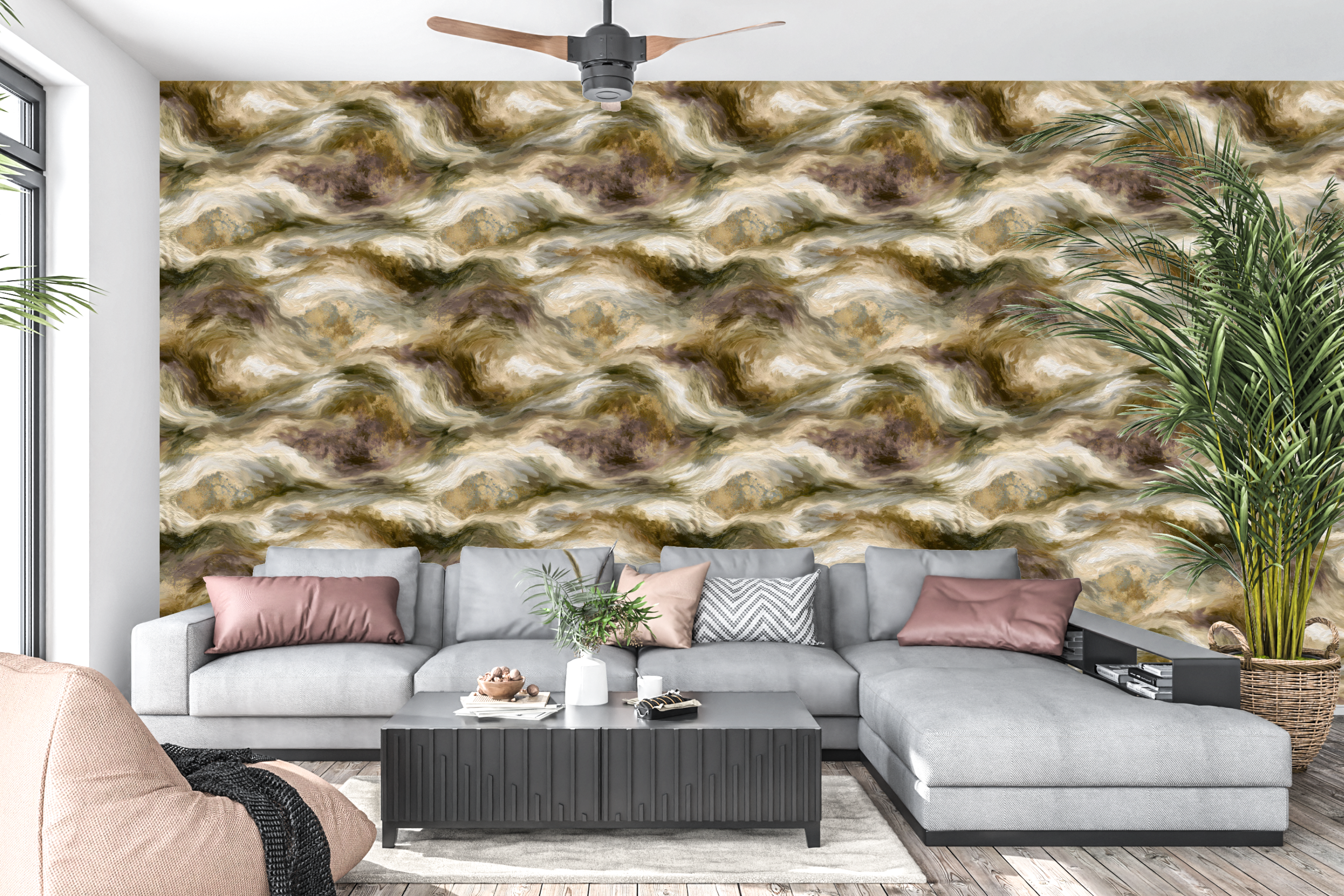 Fluid art painterly peel and stick wall mural behind a stylish modern living room sofa