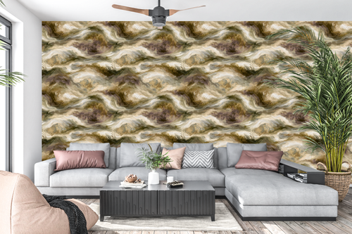 Fluid art painterly peel and stick wall mural behind a stylish modern living room sofa