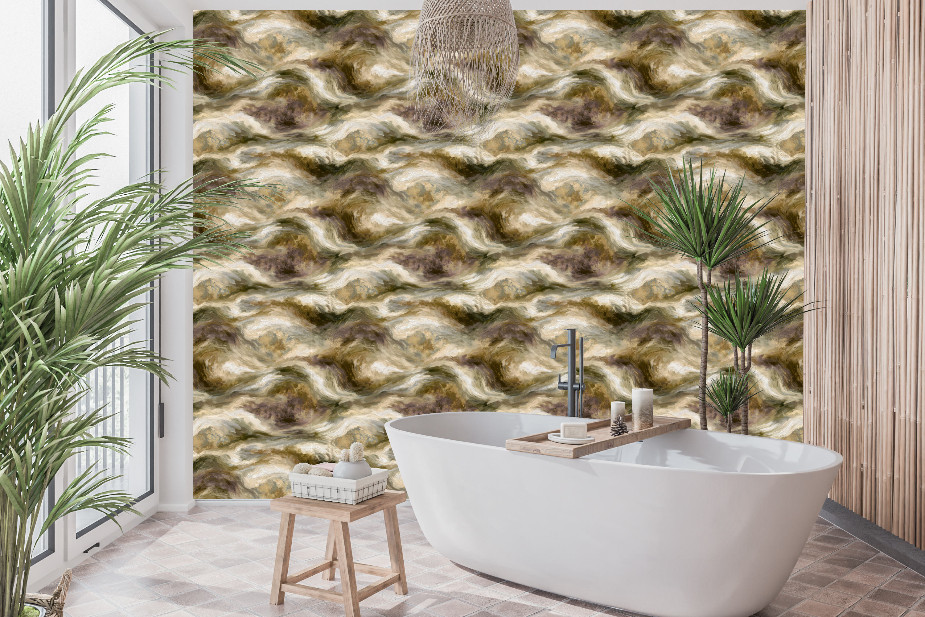 Waterproof vinyl sweeping marble brushstroke wallpaper applied in a luxurious moody bathroom
