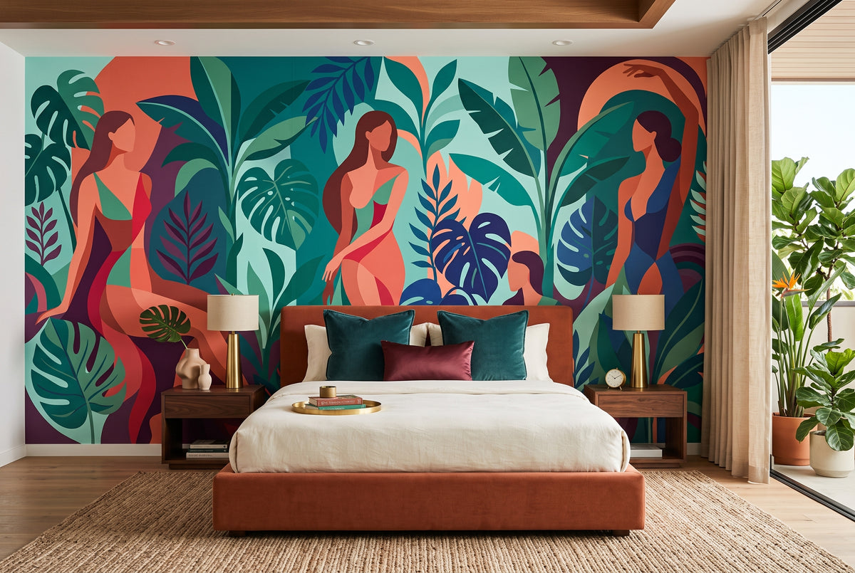 Bold coral and teal jungle leaf art peel and stick wallpaper behind a boho bed