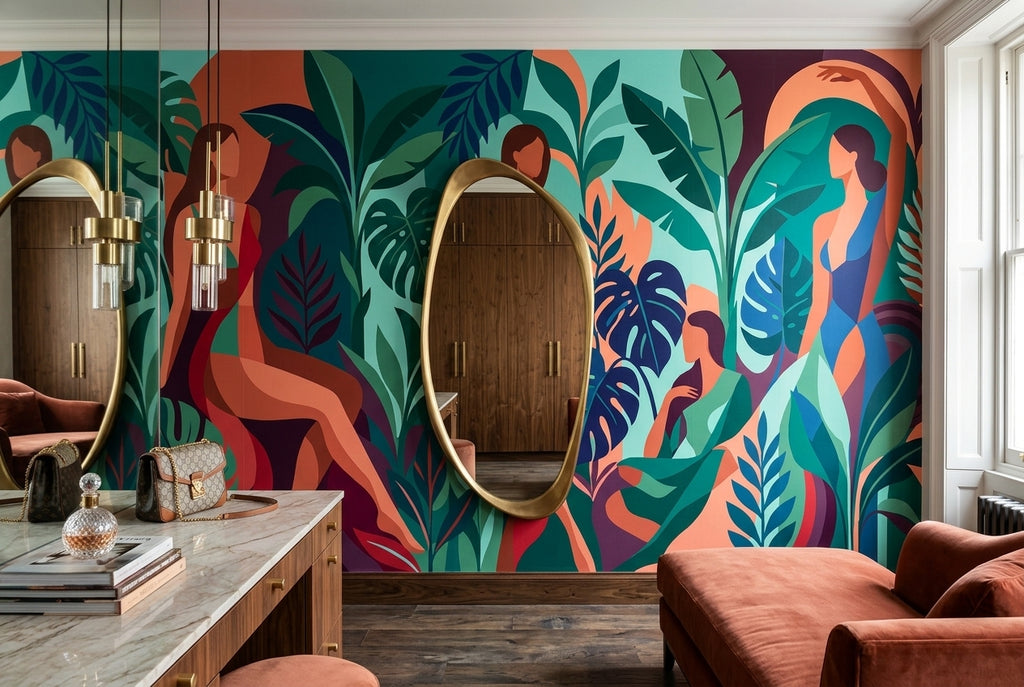 Stylized female figures and exotic plants wall mural in a chic beauty salon