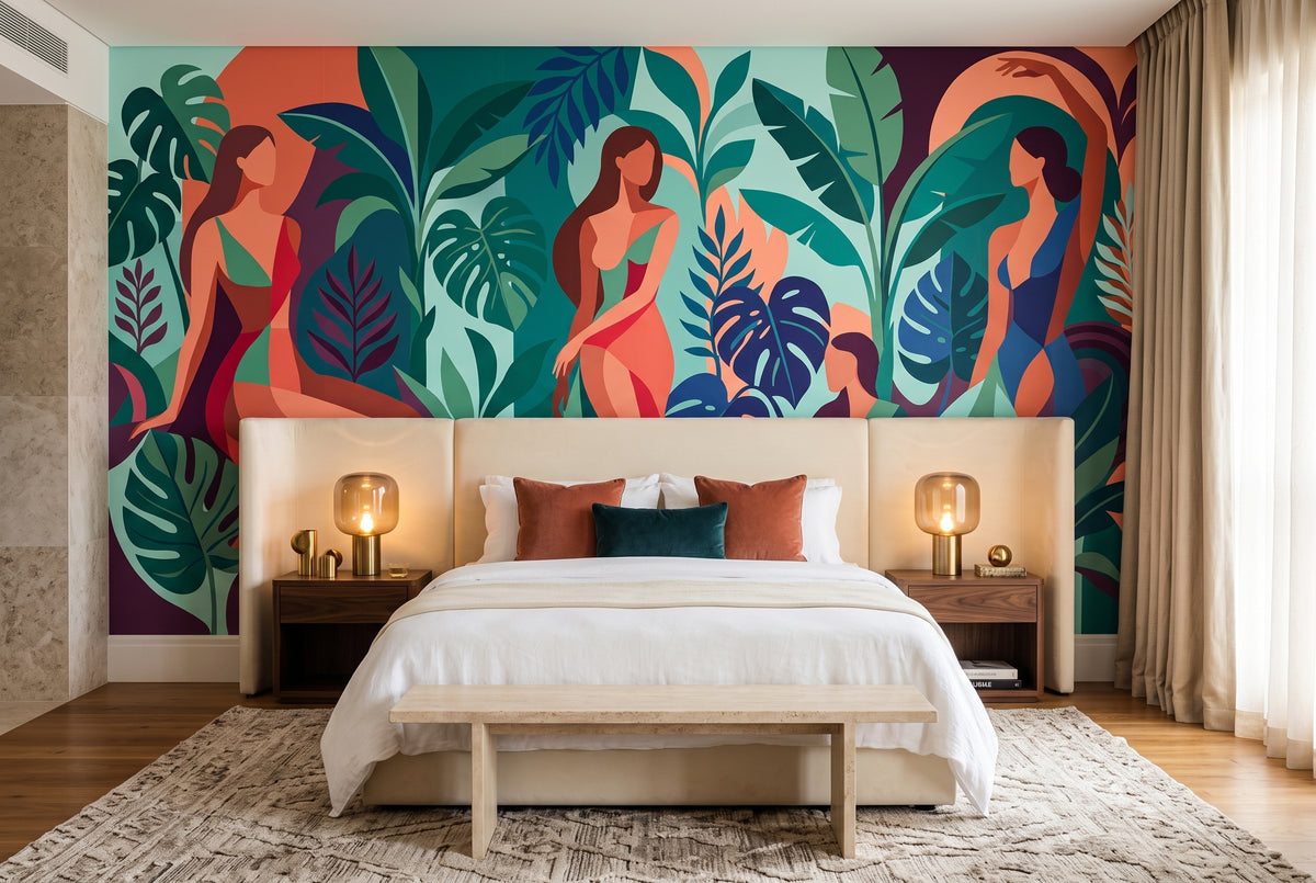 Abstract Tropical Women Jungle Peel and Stick Mural Geometric Boho Art Wallpaper