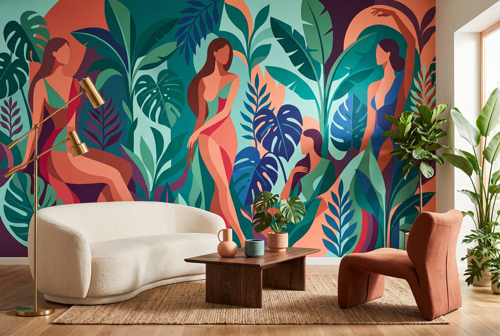 Abstract tropical geometric women wall mural in a vibrant modern living room