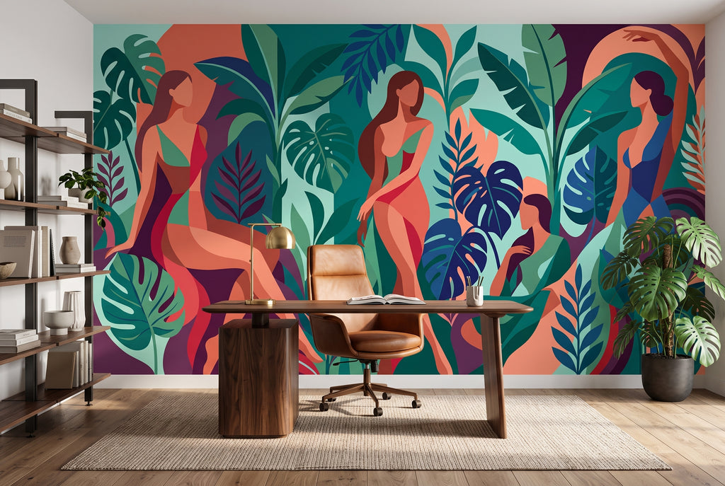 Large scale colorful abstract boho canvas creating an inspiring creative workspace