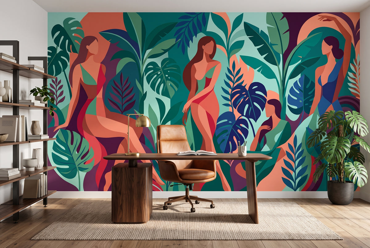 Large scale colorful abstract boho canvas creating an inspiring creative workspace