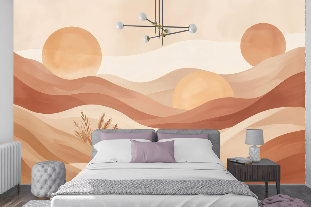 Watercolor sand dunes and glowing suns peel and stick wallpaper behind a bohemian bed