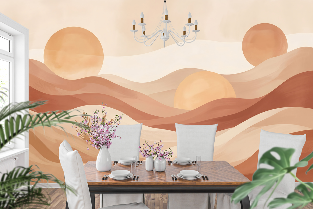 Serene earthy abstract mountain mural creating a calming accent wall in a yoga room