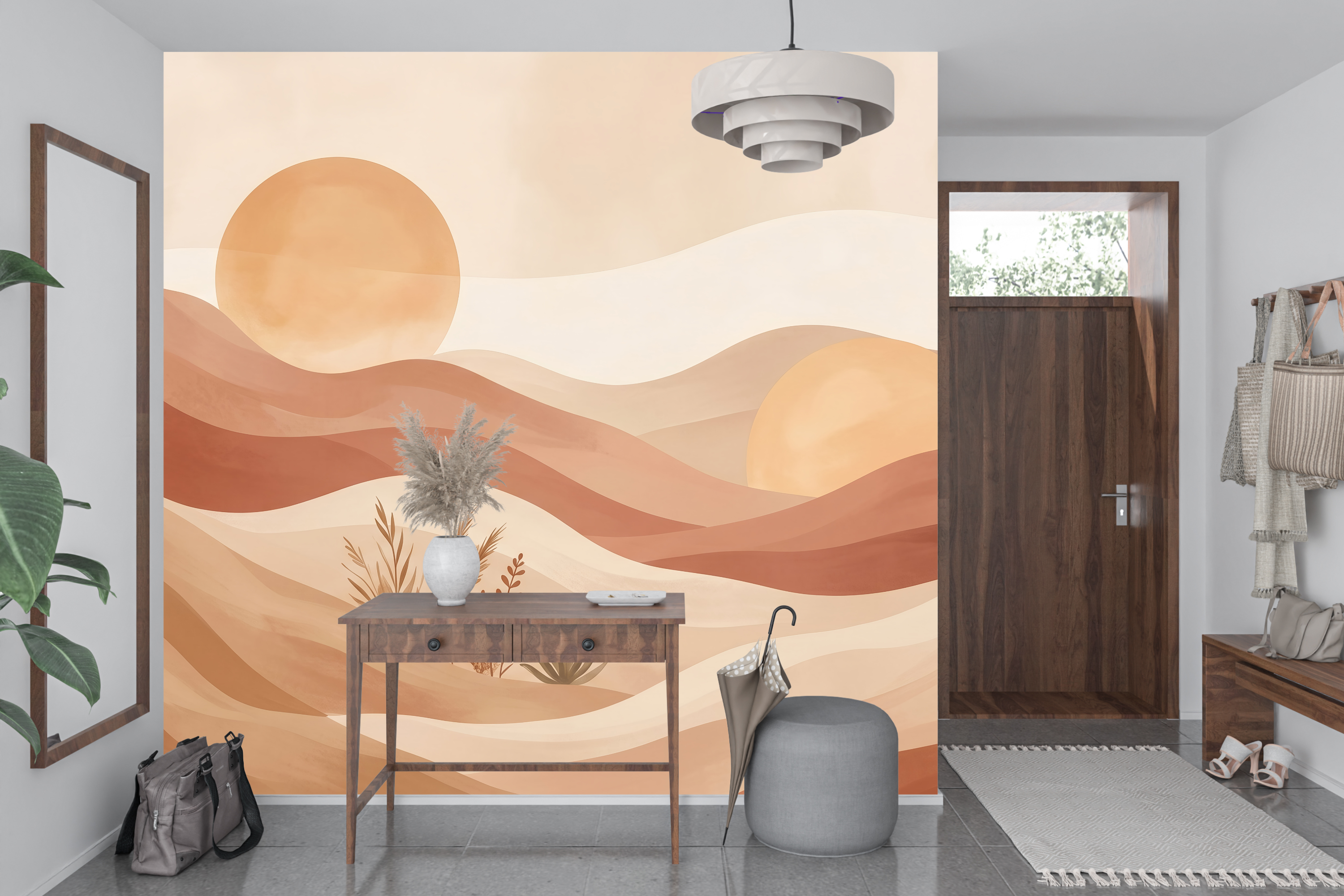 Minimalist watercolor dunes wall mural transforming a modern home office or nursery
