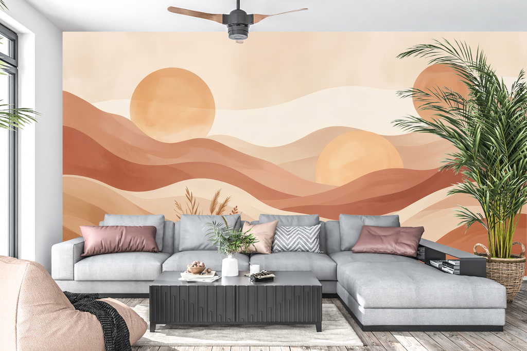 Abstract boho terracotta desert landscape mural in a warm modern living room