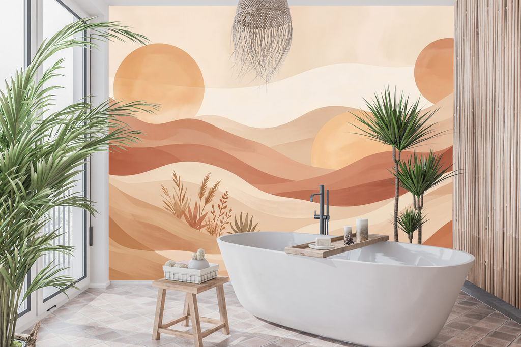 Waterproof vinyl warm boho desert wallpaper applied in a neutral spa-like bathroom