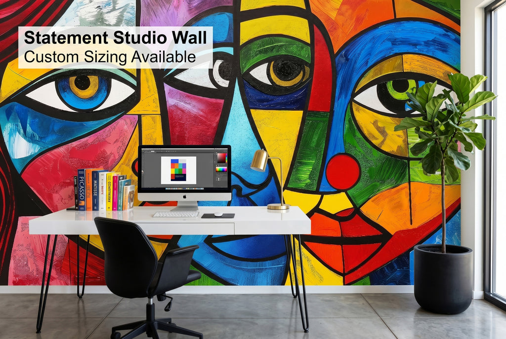 Abstract colorful cubist face wallpaper mural in a creative home office studio with bold modern decor