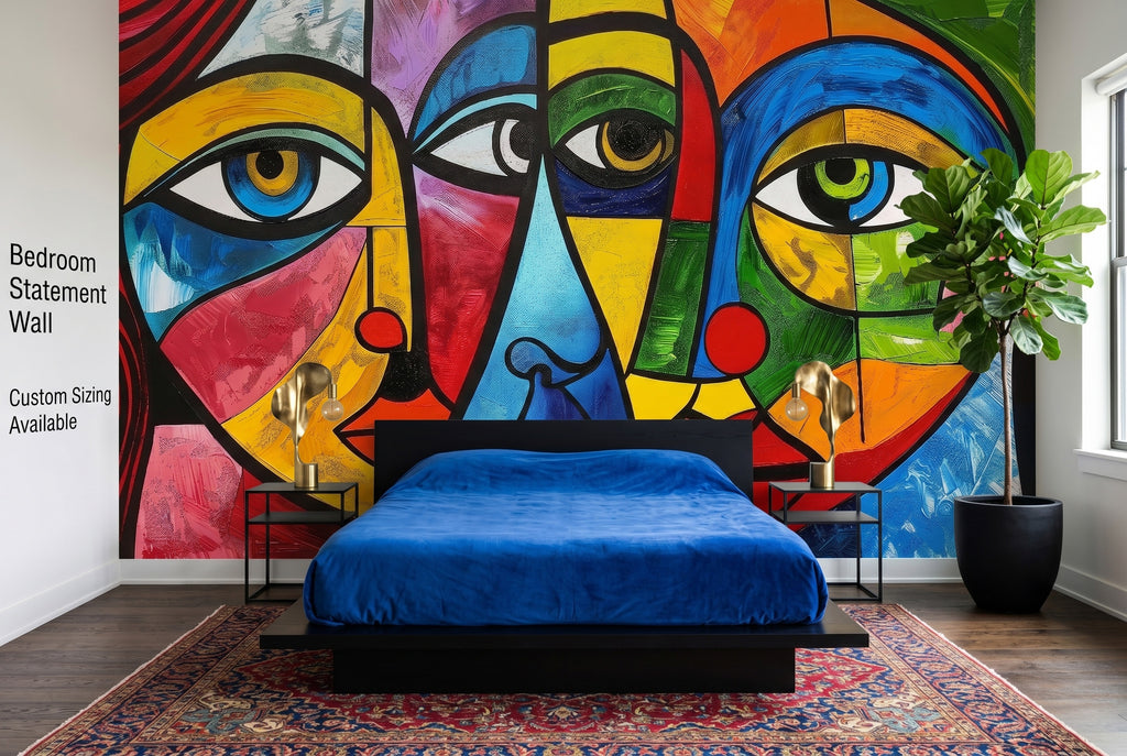 Abstract colorful cubist face wallpaper mural in an eclectic bold bedroom with black bed and colourful accents