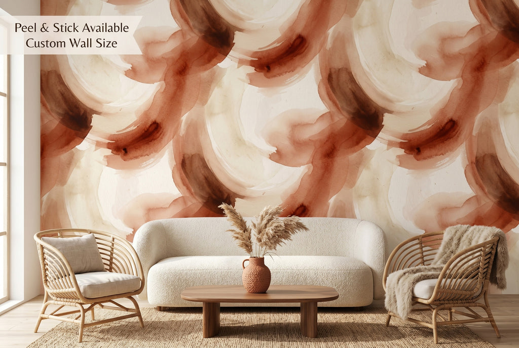 Abstract terracotta and ochre watercolor swirl wallpaper with earthy boho brushstrokes.