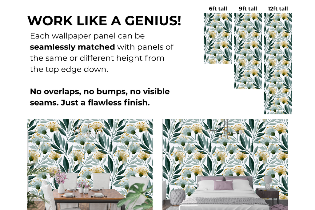 Modern Eucalyptus Botanical Wallpaper Golden Floral & Sage Green Peel and Stick Japandi Organic Wall Mural