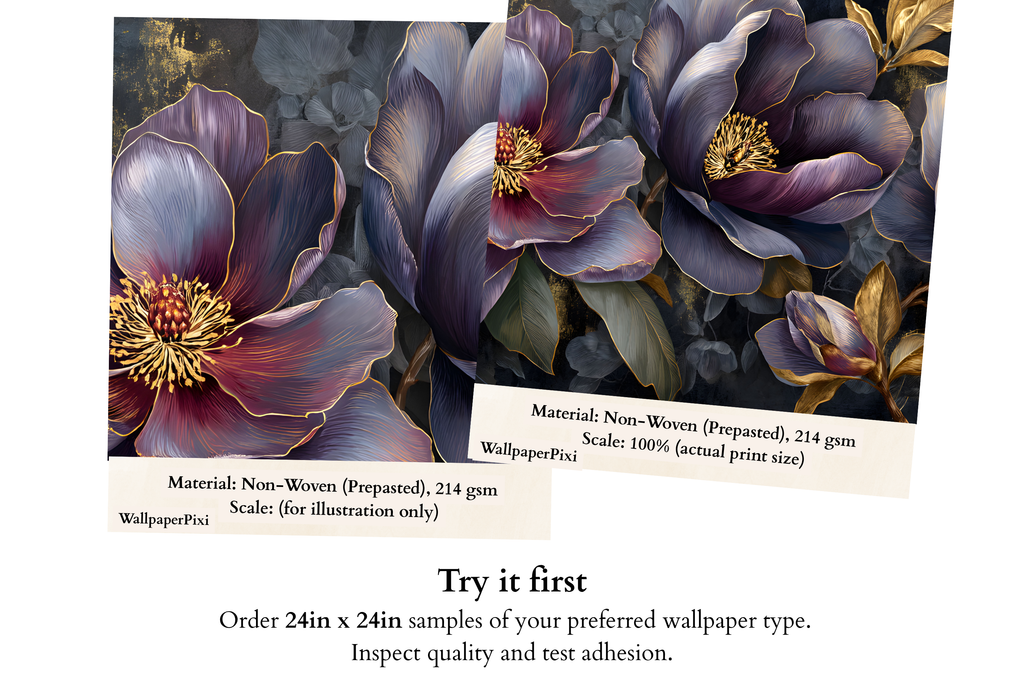 Dark Purple Gothic Peony Wall Mural | Moody Gold Botanical Luxury Design