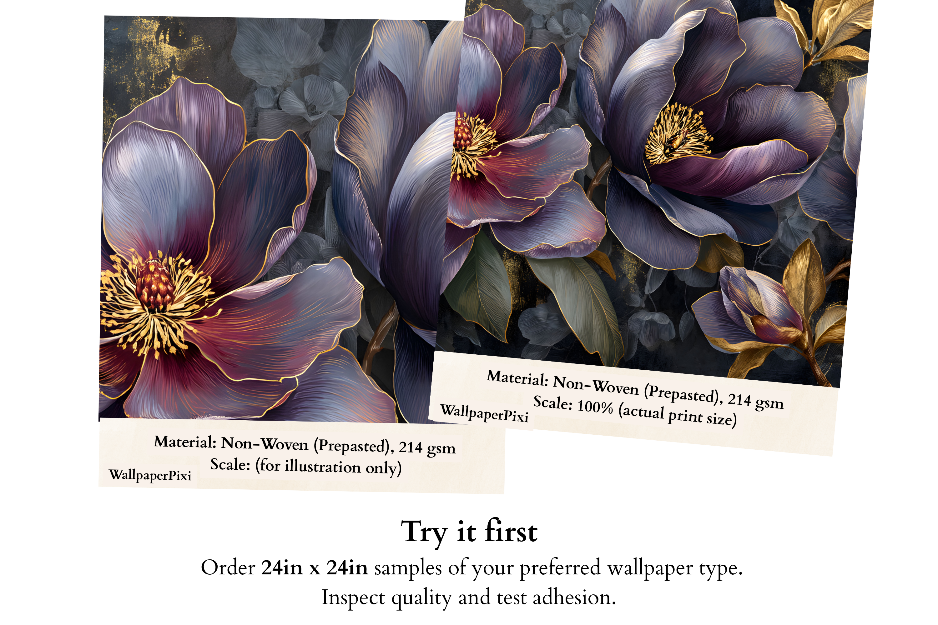Dark Purple Gothic Peony Wall Mural | Moody Gold Botanical Luxury Design