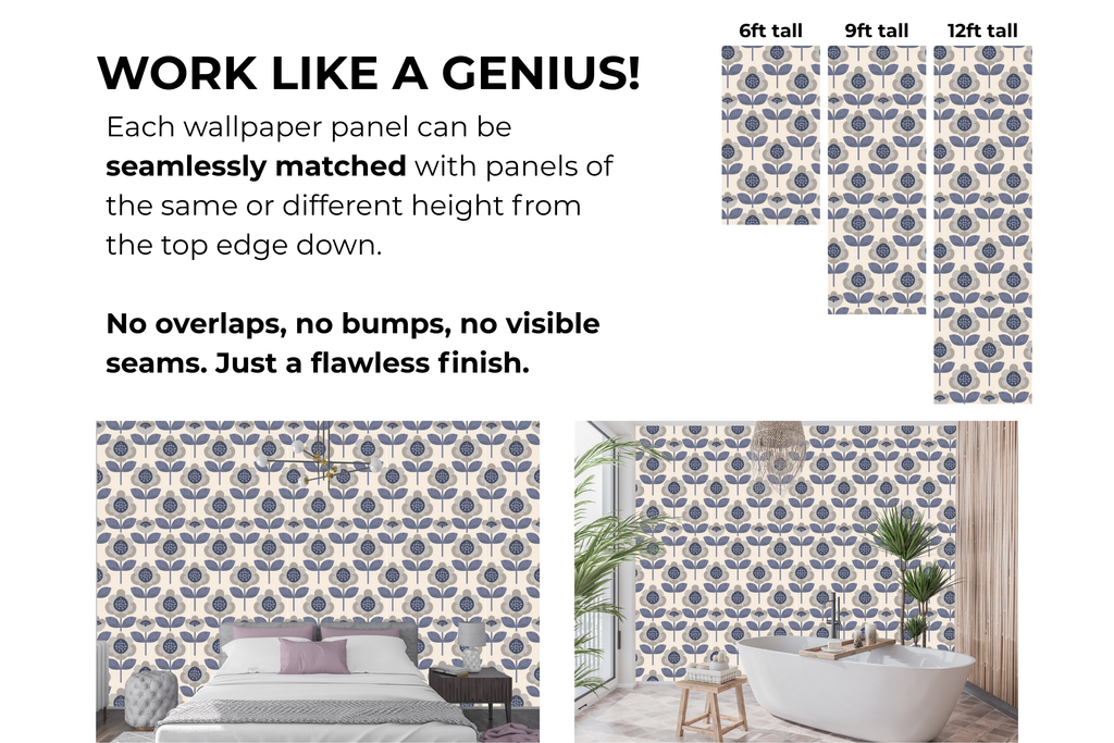 Retro Scandinavian Floral Wallpaper Mid-Century Slate Blue & Gray Geometric Botanical Mural