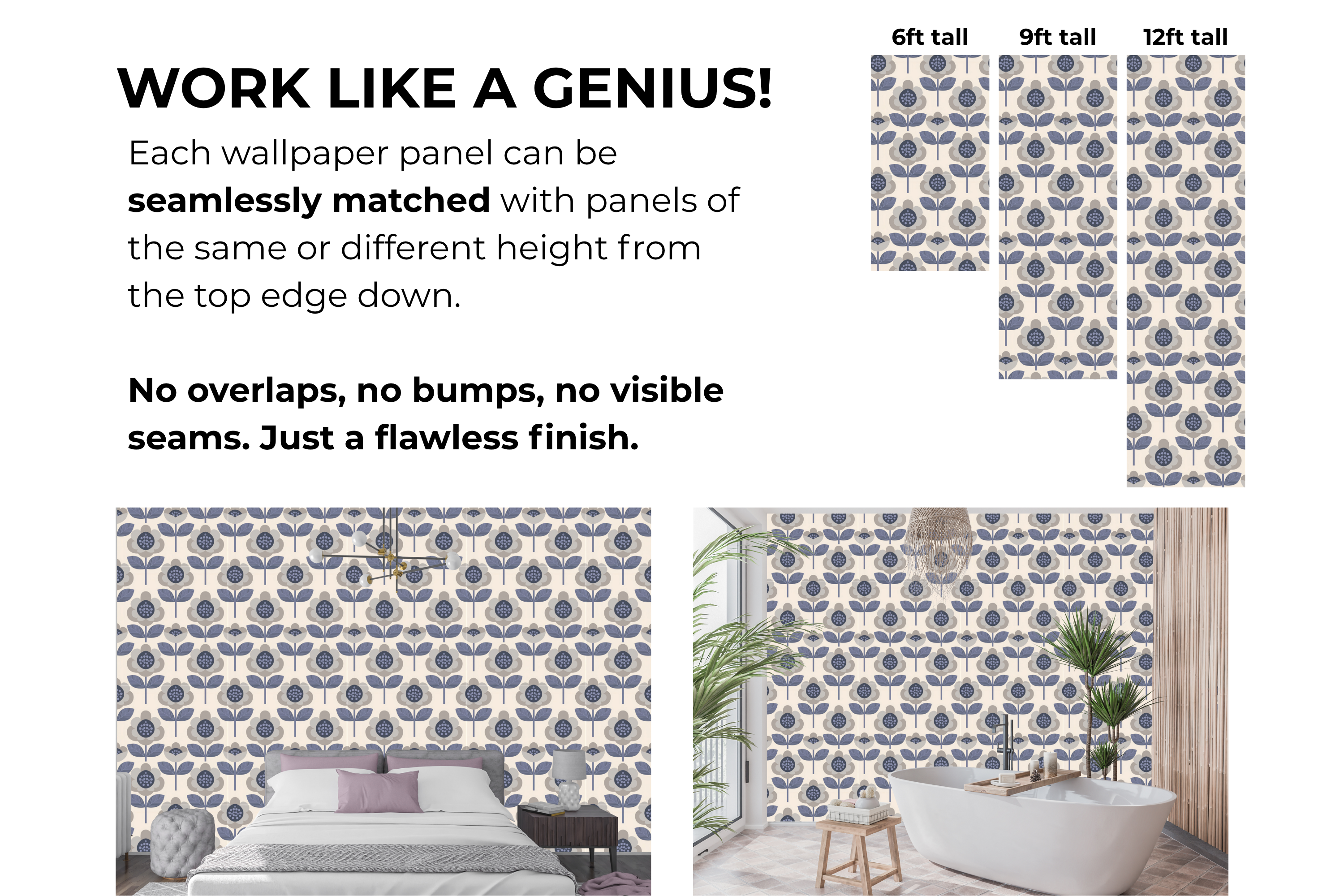 Retro Scandinavian Floral Wallpaper Mid-Century Slate Blue & Gray Geometric Botanical Mural