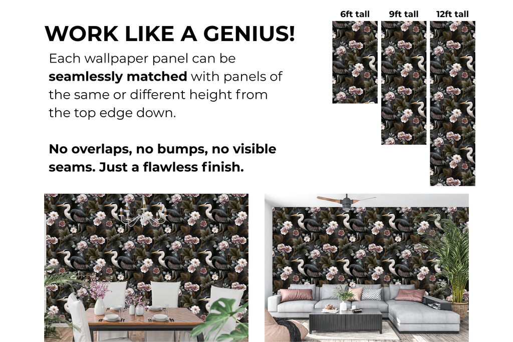 Dark Heron Wallpaper Chinoiserie Peony Floral Living Room Decal