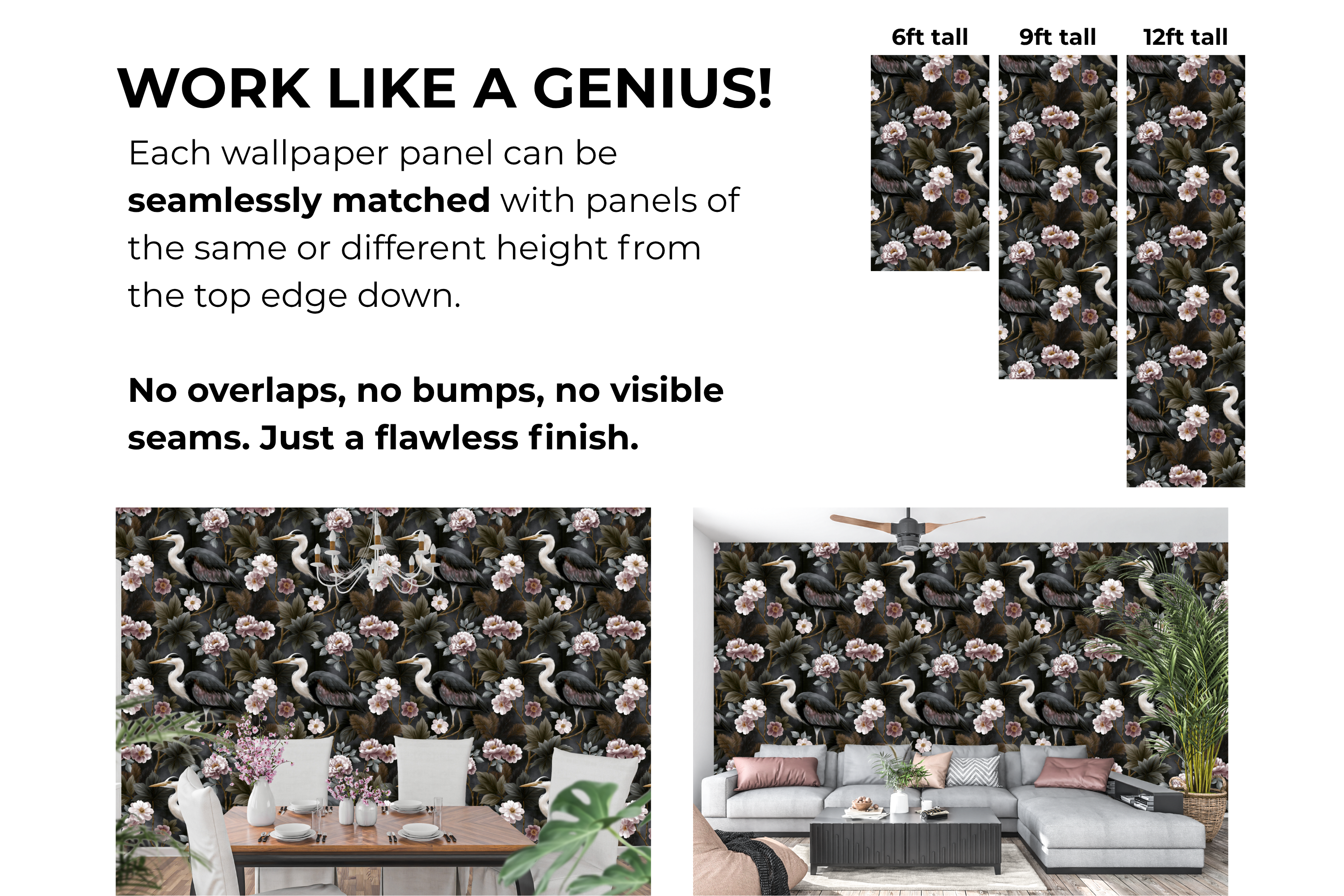 Dark Heron Wallpaper Chinoiserie Peony Floral Living Room Decal