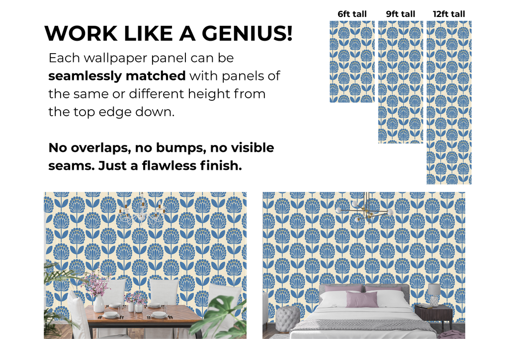 Retro Mid-Century Modern Floral Wallpaper Scandinavian Slate Blue & Cream Geometric Botanical Mural