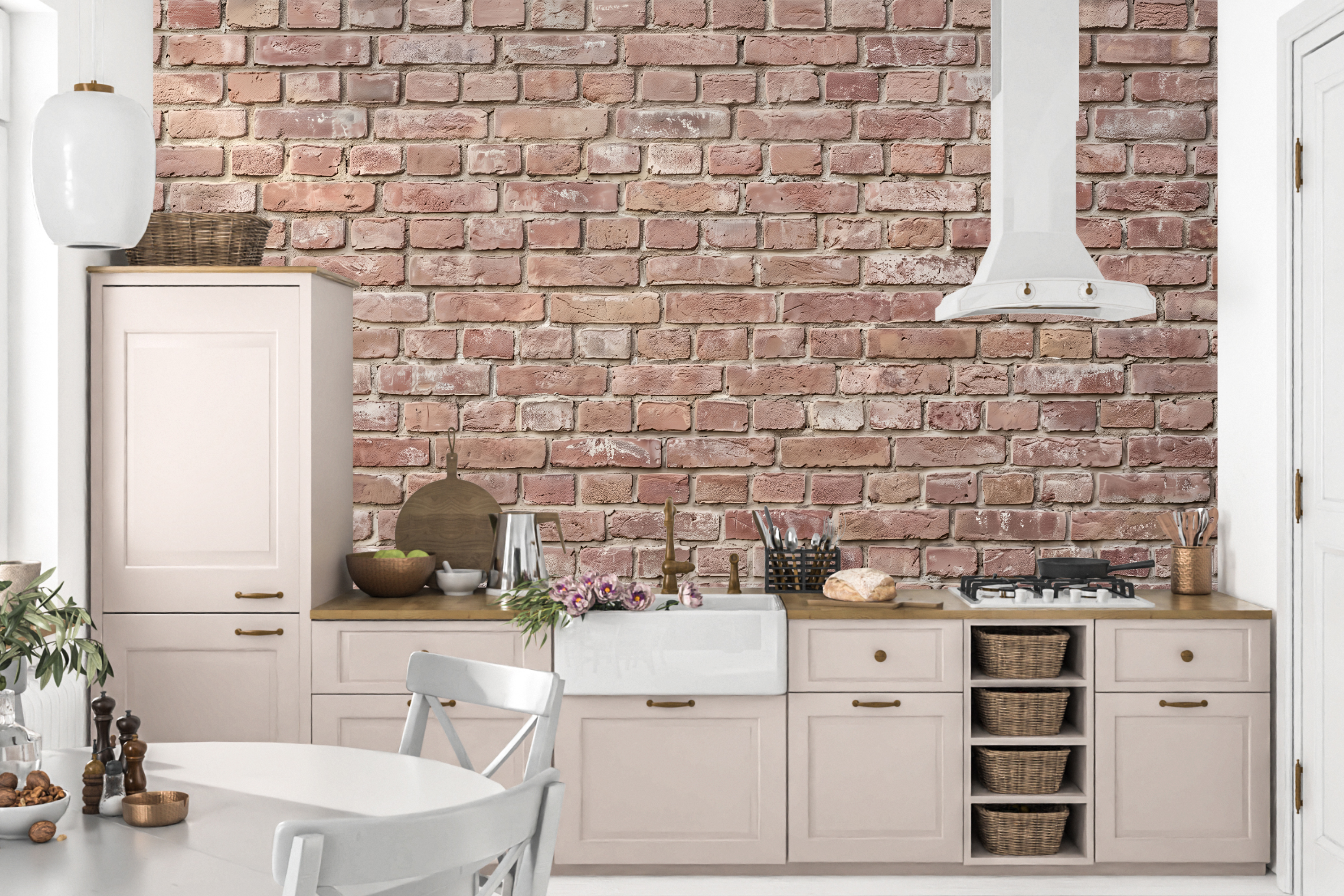 Waterproof vinyl realistic brick wallpaper applied as a modern kitchen backsplash