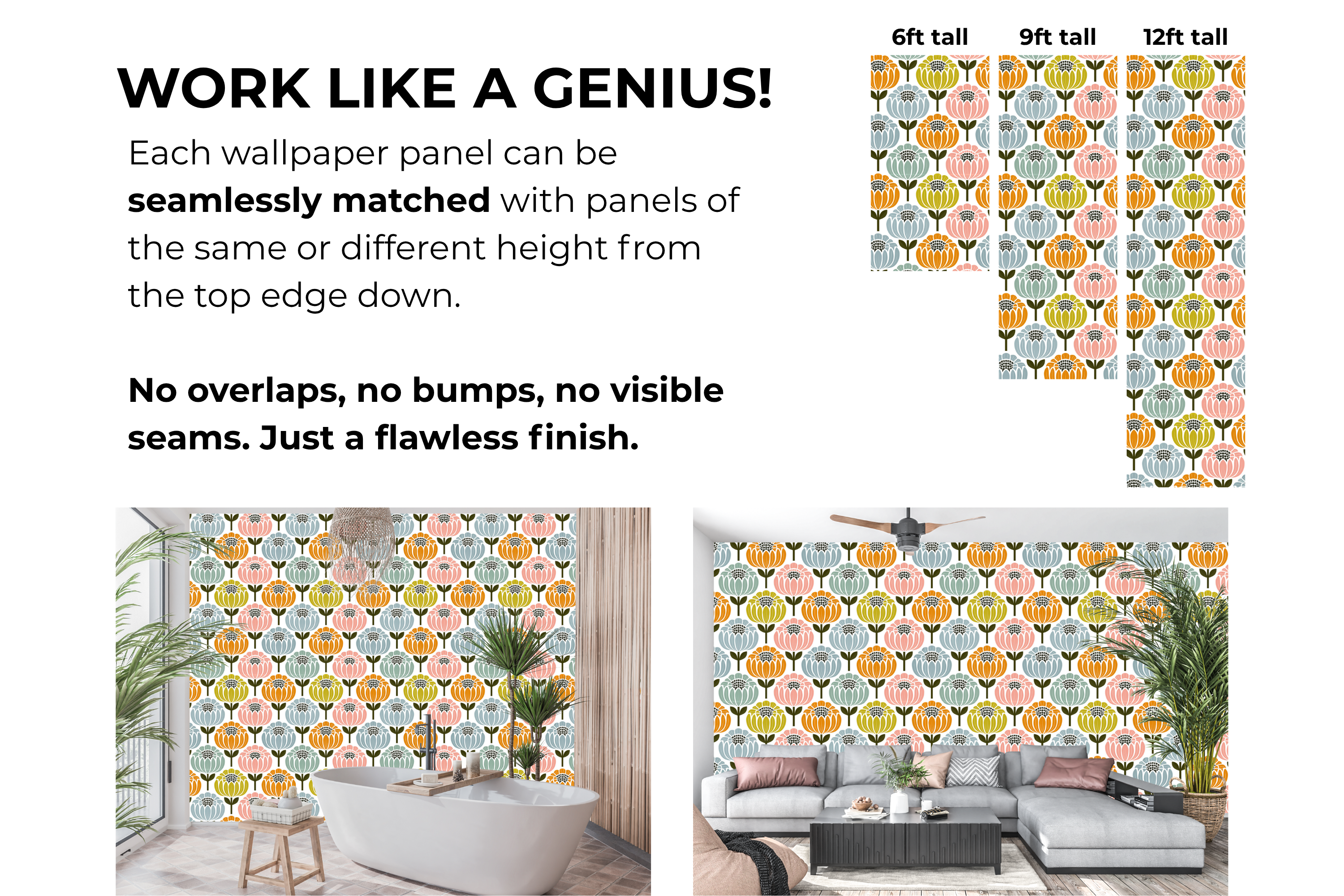 Bold multi-colored mid-century geometric floral wall mural transforming a modern hallway entryway