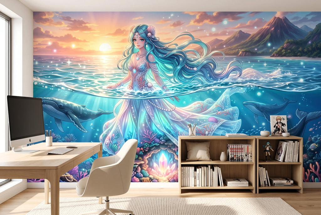Cinematic mythical ocean realm wall mural creating a dynamic streaming background
