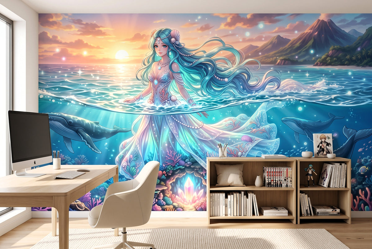 Cinematic mythical ocean realm wall mural creating a dynamic streaming background