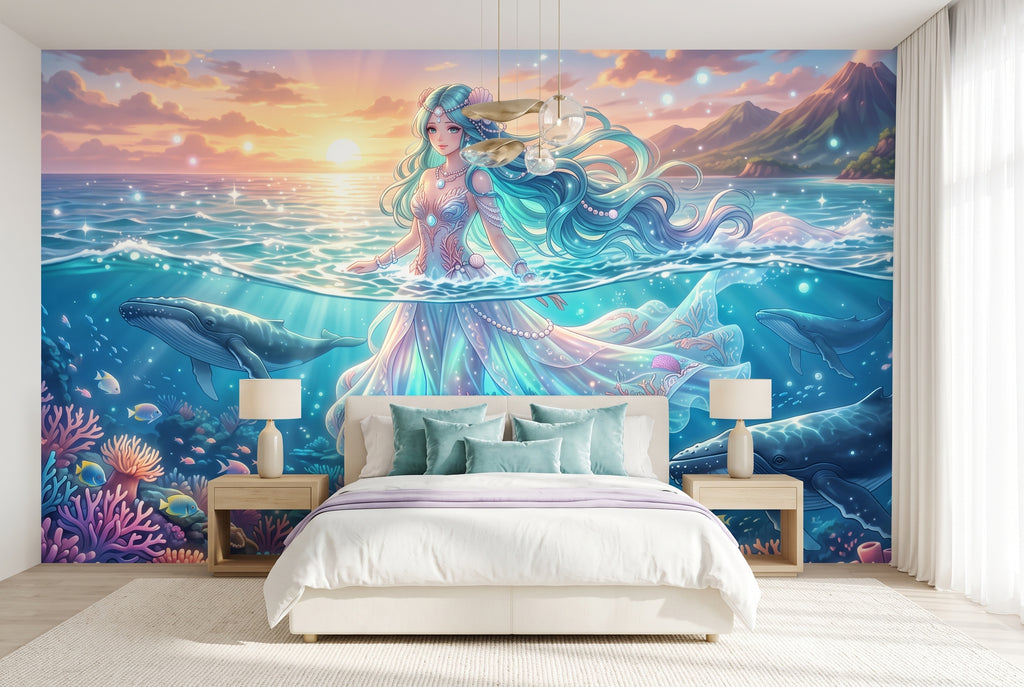 Anime Sea Goddess & Ocean Realm Wall Mural Vibrant Fantasy Underwater Wallpaper