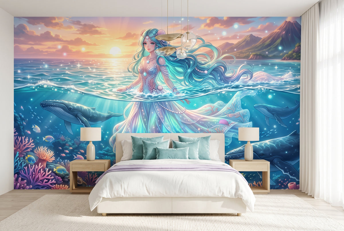 Anime Sea Goddess & Ocean Realm Wall Mural Vibrant Fantasy Underwater Wallpaper