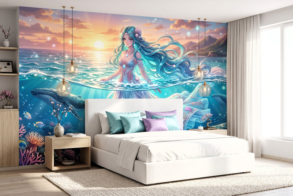 Vibrant underwater fantasy and whale peel and stick wallpaper mural