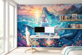 Epic anime sea goddess and glowing ocean mural in an immersive gaming room