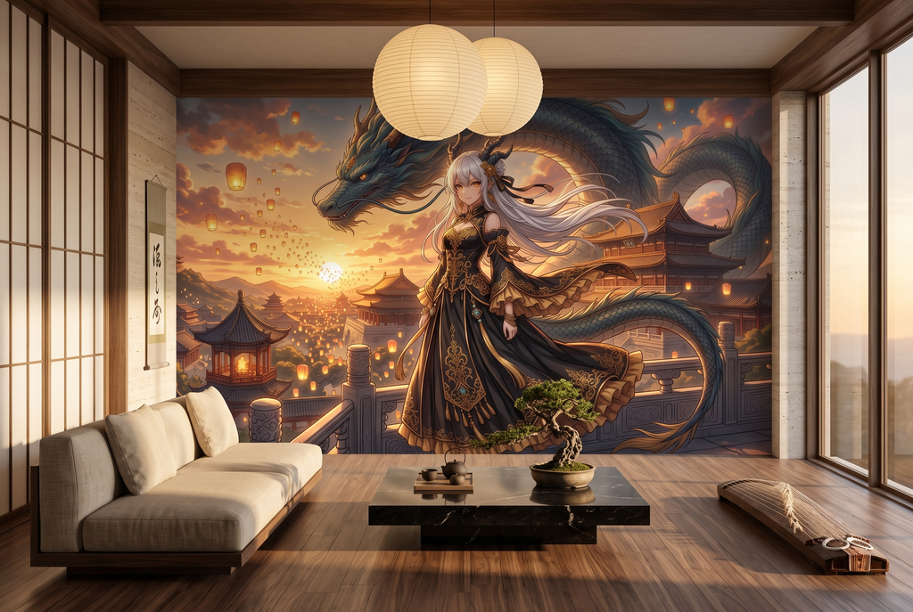 Majestic ethereal Asian fantasy wallpaper applied in an anime themed cafe
