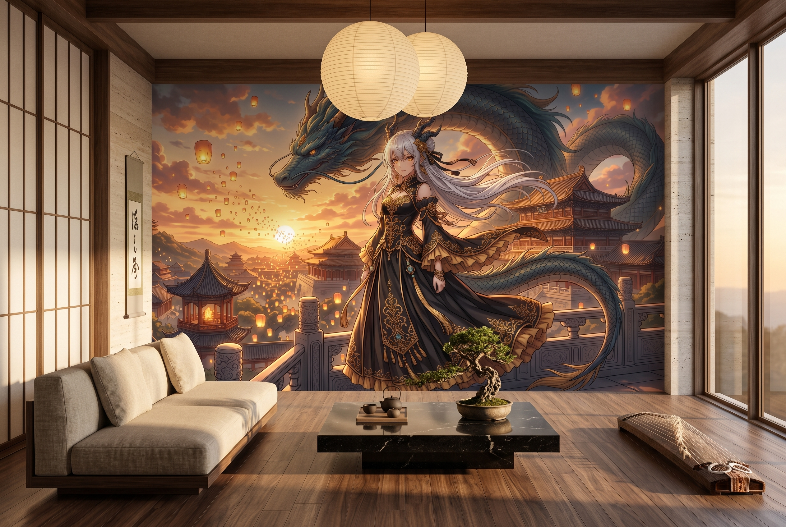 Majestic ethereal Asian fantasy wallpaper applied in an anime themed cafe
