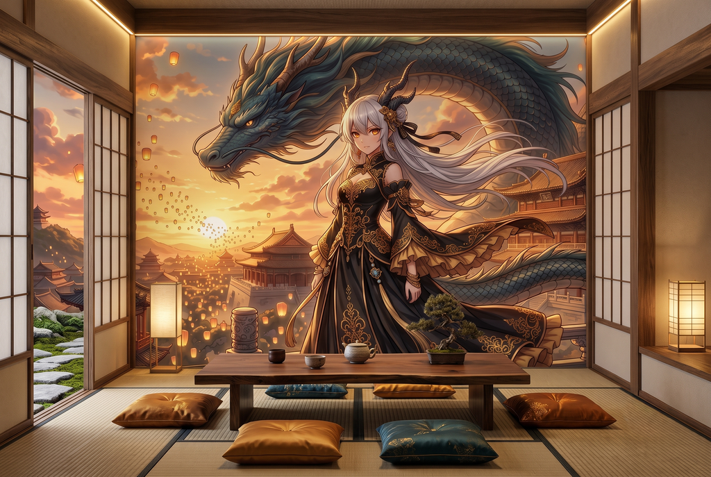 Majestic ethereal Asian fantasy wallpaper applied in an anime themed cafe