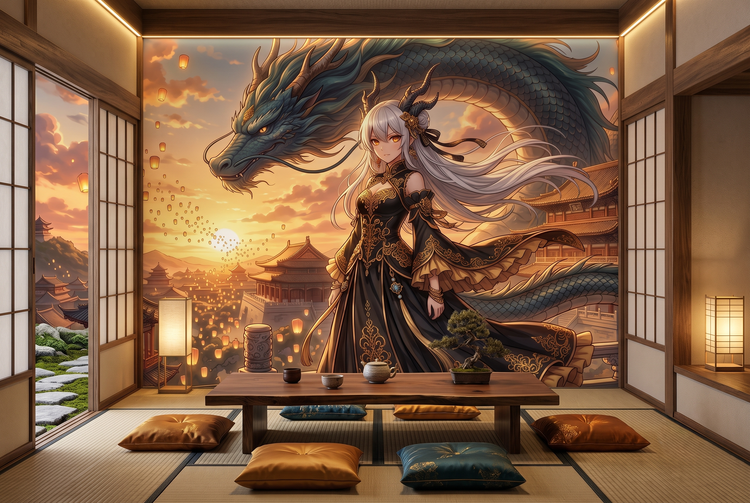 Majestic ethereal Asian fantasy wallpaper applied in an anime themed cafe