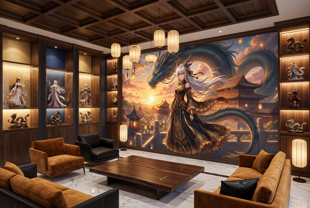 Epic anime dragon and princess sunset mural in an immersive gaming room