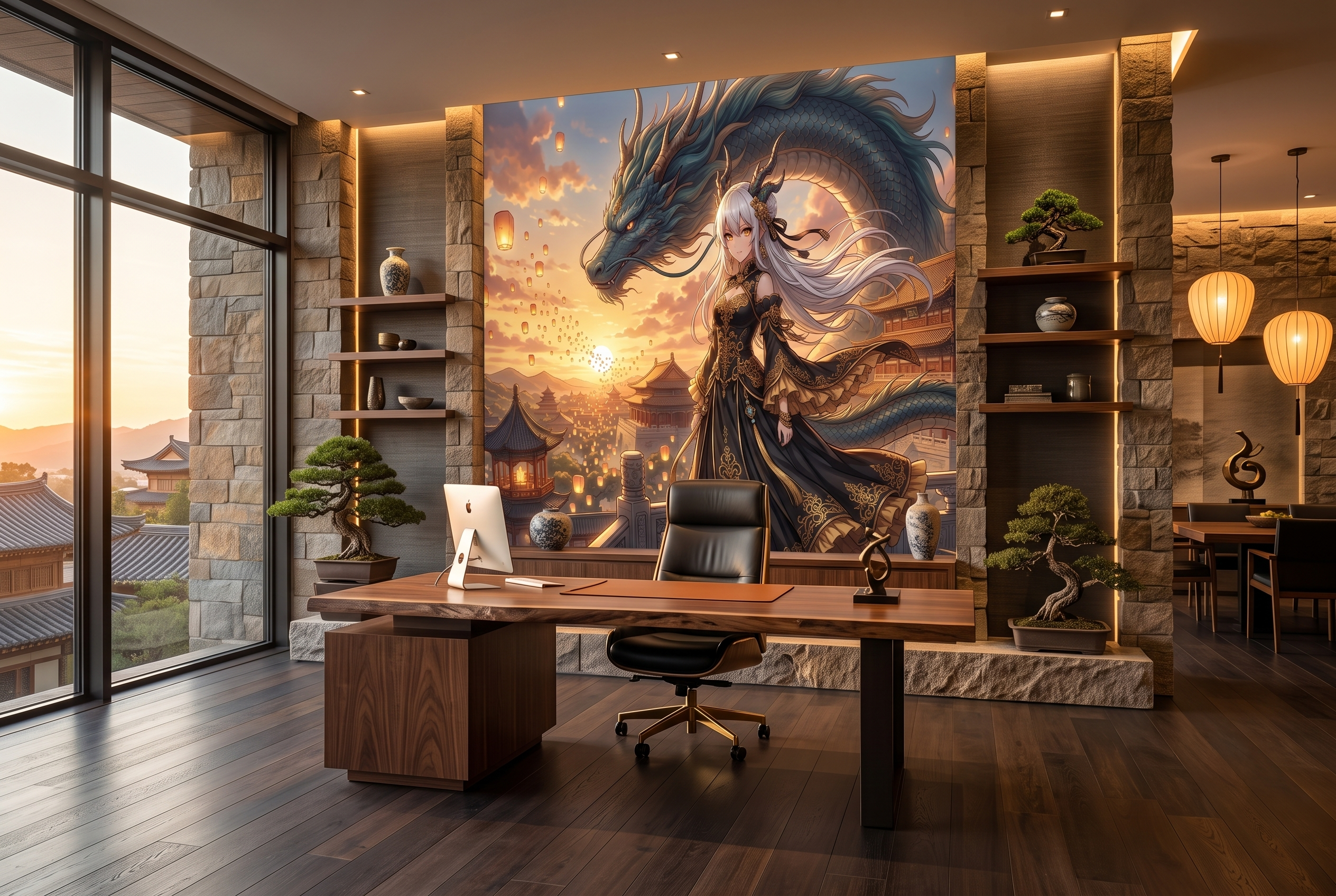 Anime Dragon & Princess Sunset Mural Epic Fantasy Asian Cityscape Wallpaper