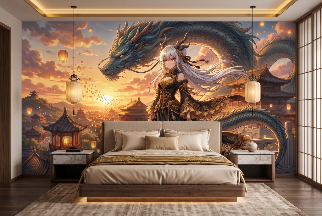 Glowing floating lantern and mythical dragon peel and stick wallpaper