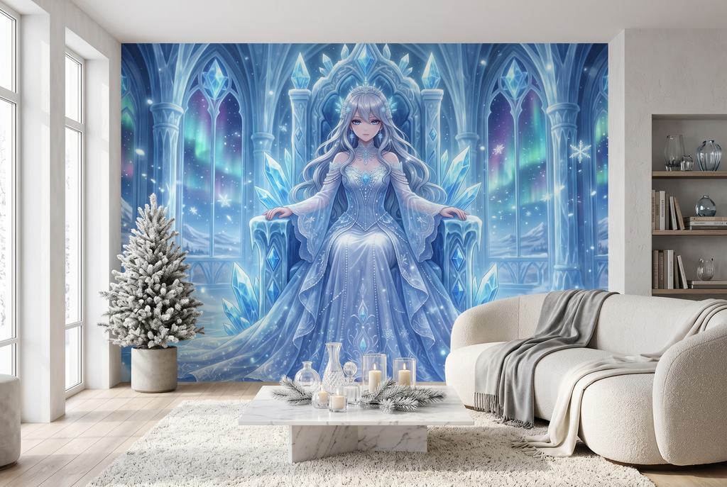 Majestic ethereal winter fantasy wallpaper applied in an anime themed cafe