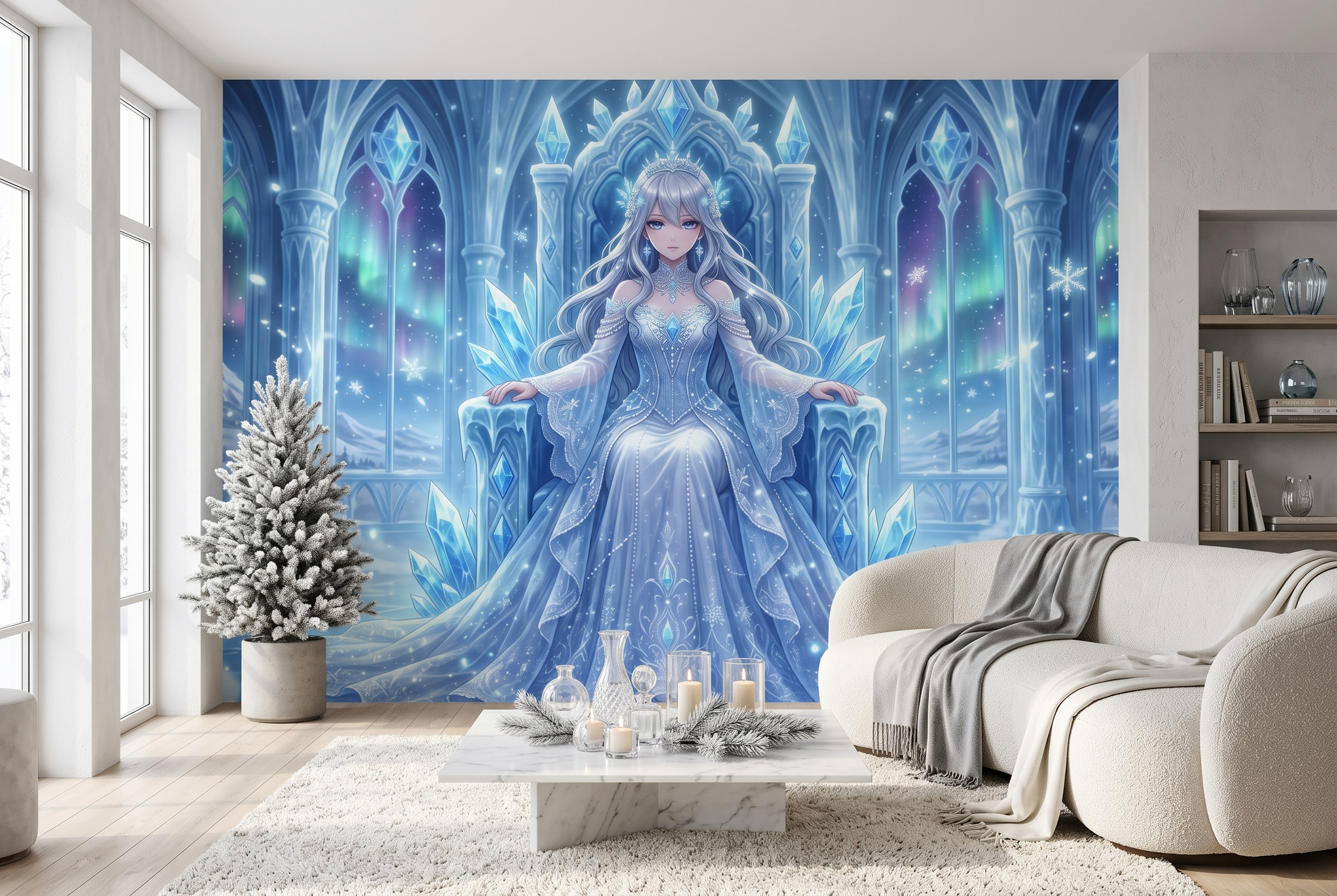 Majestic ethereal winter fantasy wallpaper applied in an anime themed cafe