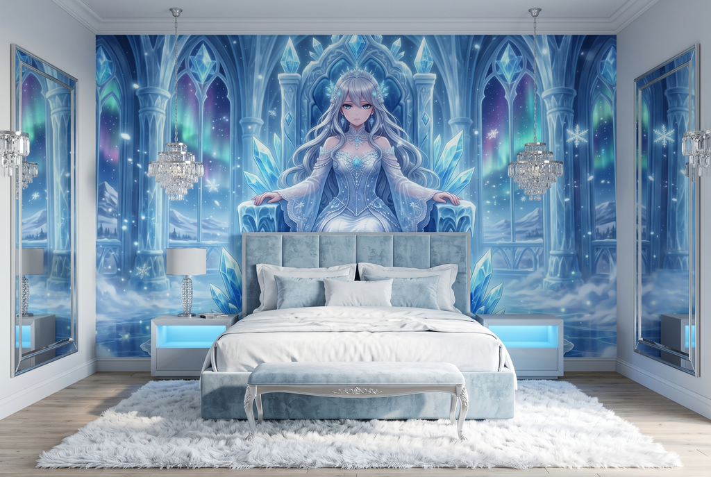 Magical anime ice queen crystal palace mural in an immersive fantasy bedroom