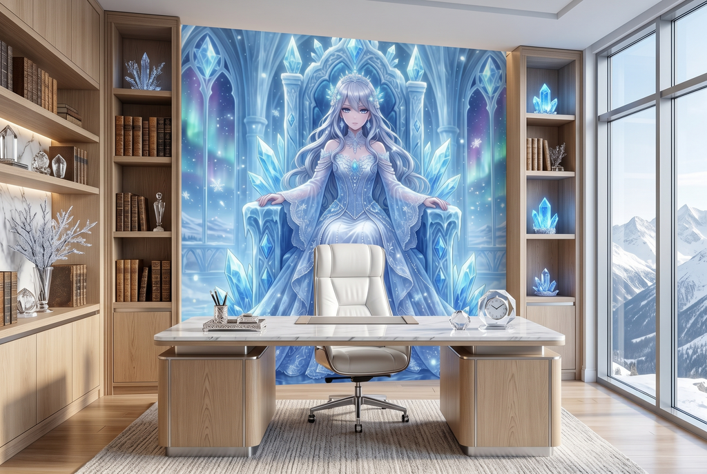 Large scale anime winter character mural creating a dynamic streaming background