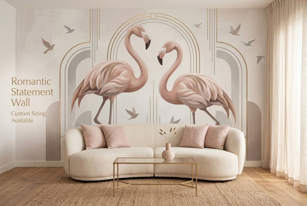 Art Deco flamingo peel and stick wall mural in a feminine elegant dressing room with blush pink and gold tones