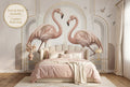 Art Deco flamingo wall mural in a romantic elegant bedroom with blush pink cream and gold tones