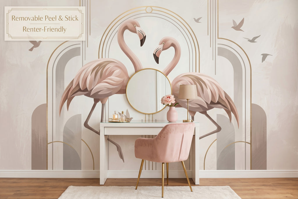 Art Deco flamingo wall mural in a romantic minimalist living room with blush pink cream and gold tones