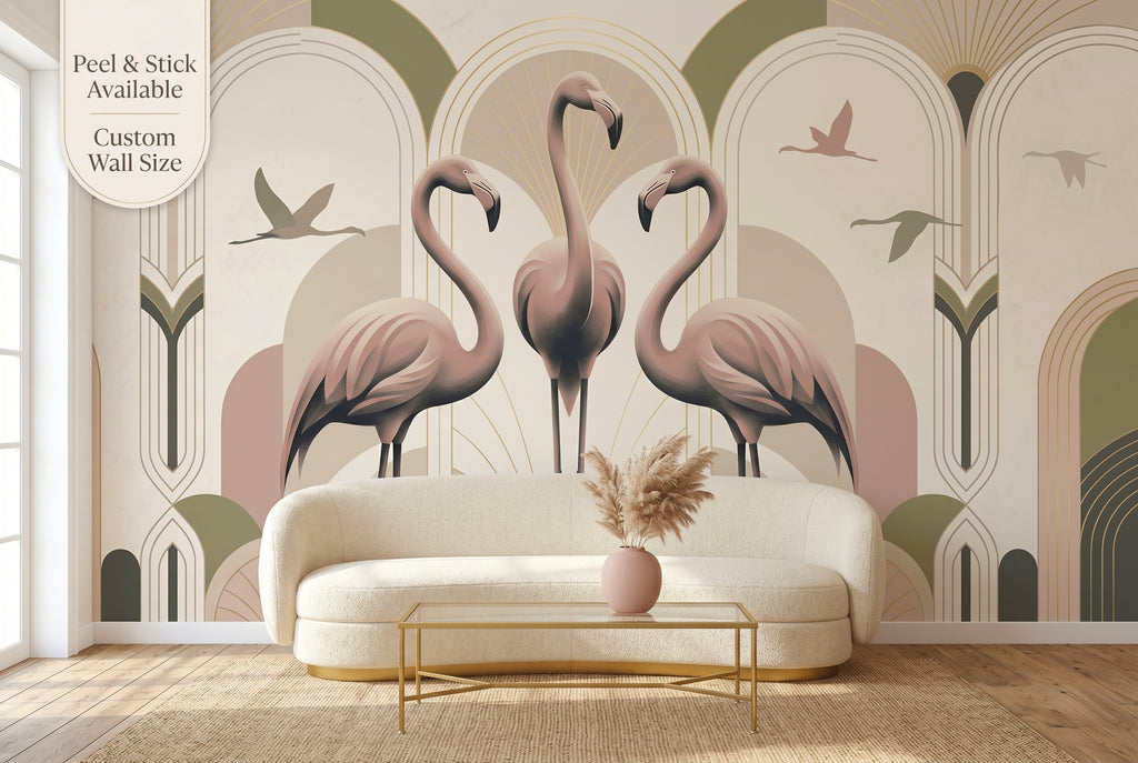 Art Deco flamingo wall mural in an elegant sophisticated living room with blush pink sage green and gold tones