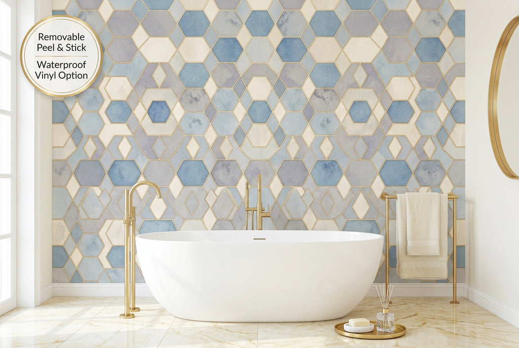 Art Deco geometric peel and stick wallpaper in an elegant sophisticated bathroom with blue gold and cream tones