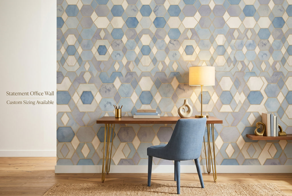 Art Deco geometric wallpaper in a sophisticated elegant home office with blue gold and cream tones